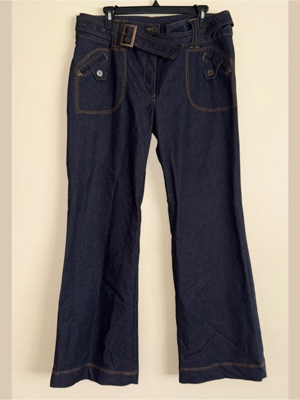 Vintage Y2K Style VENCA Dark Blue Wash Mid Rise Wide Leg Belted Jeans Size 14